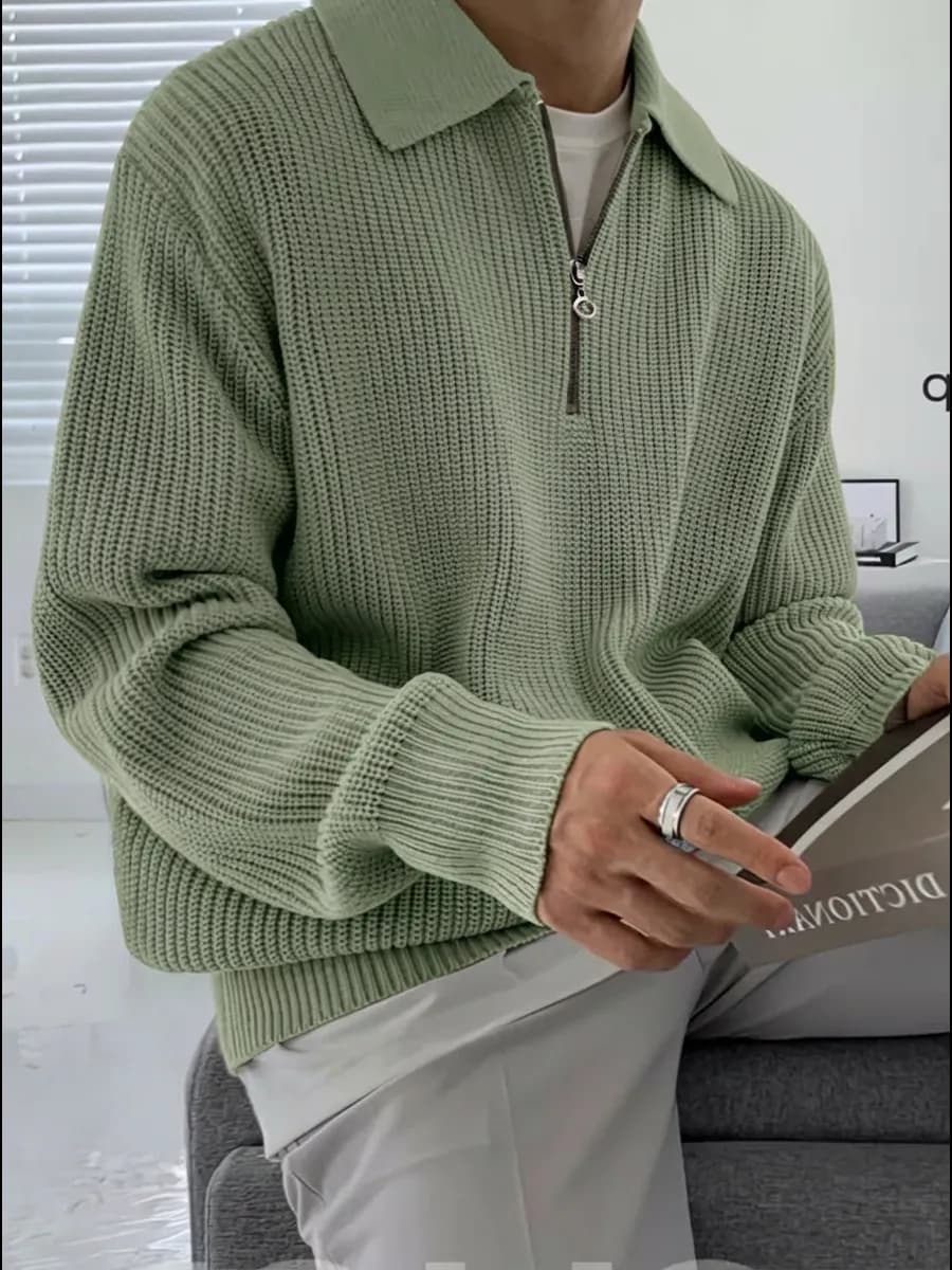 Свитер оверсайз теплый вязаный на молнии с воротником