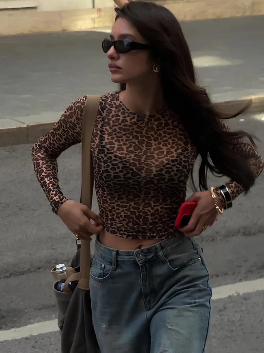 Лонгслив сетка леопардовый облегающий с длинным рукавом