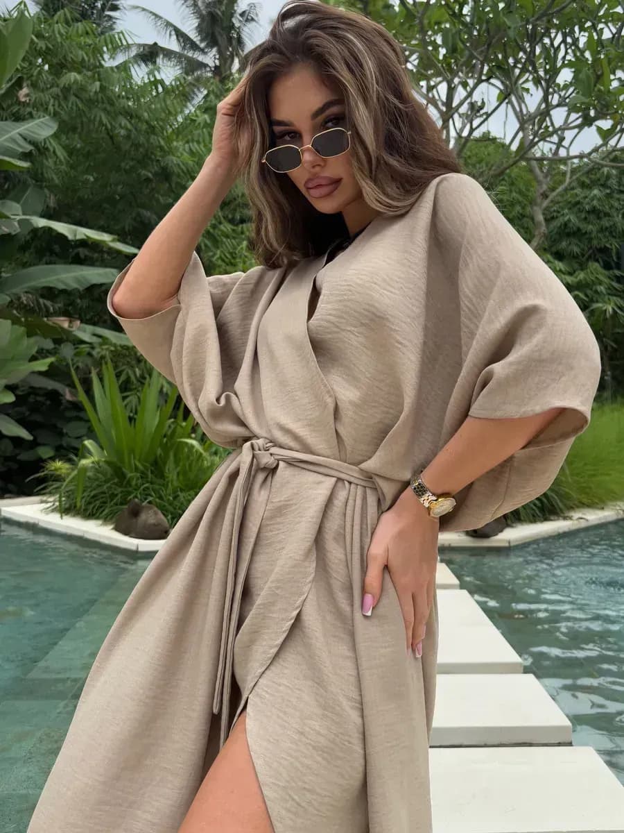 Туника пляжная накидка на купальник кимоно бежевая абайка