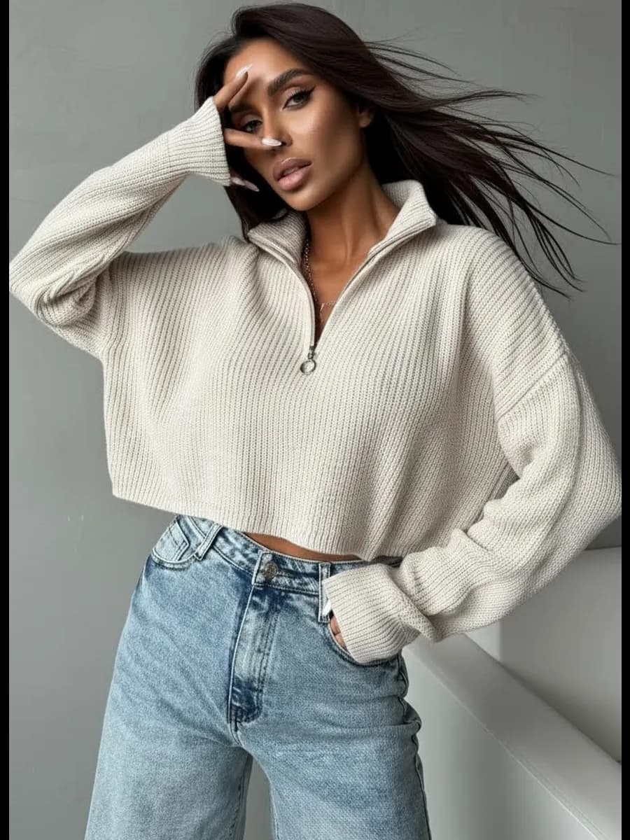 Свитер укороченный оверсайз с горлом на молнии вязаный