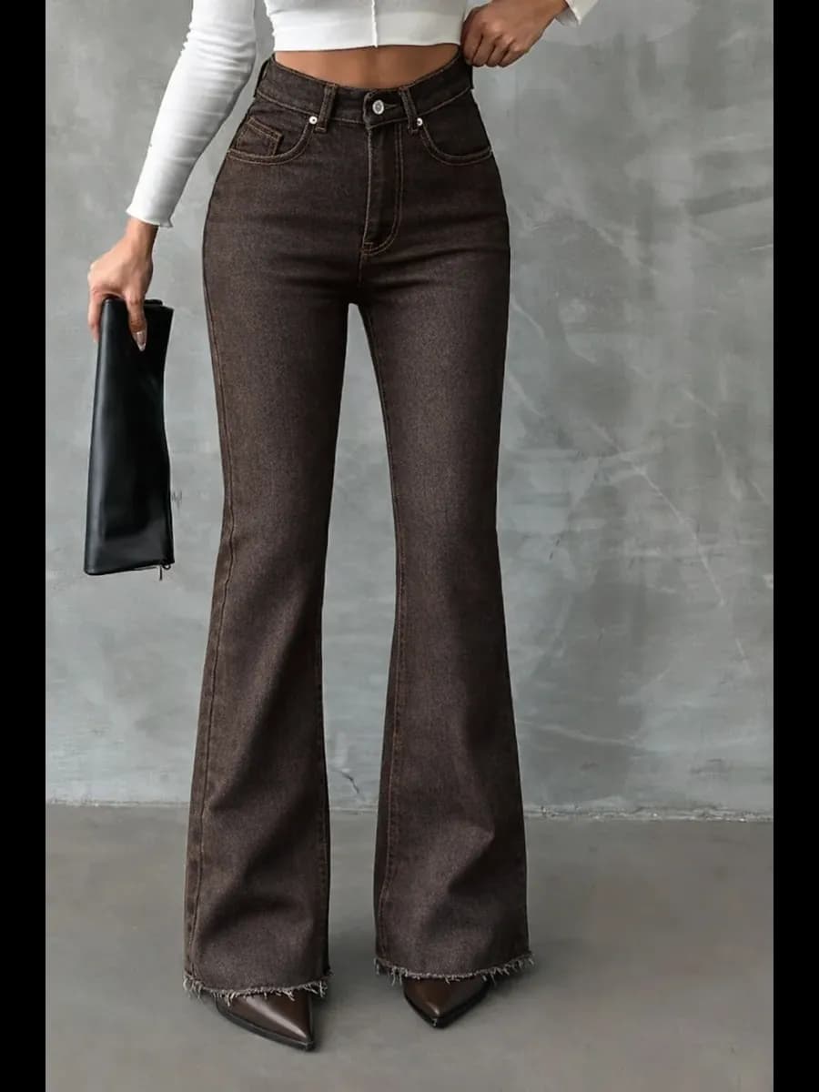 Джинсы клеш от колена коричневые с высокой посадкой