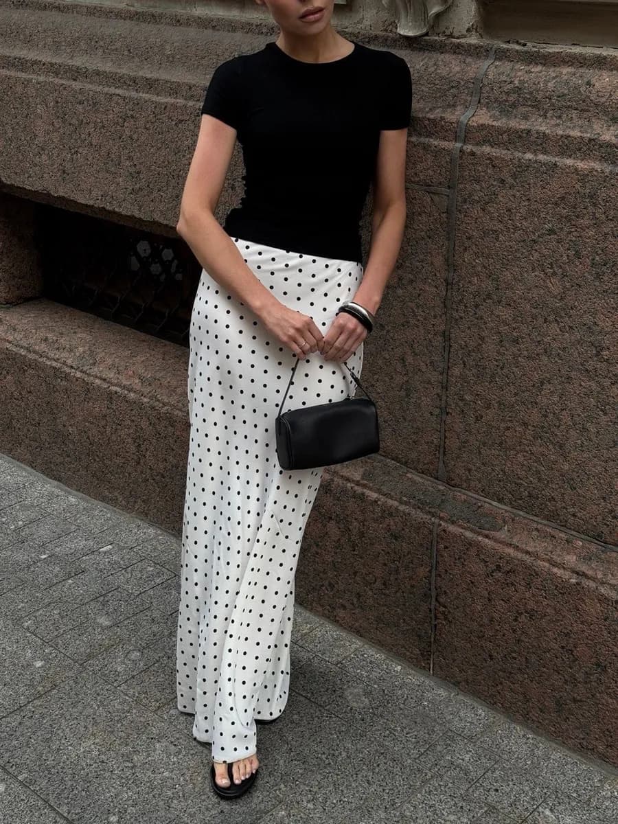 Юбка атласная вечерняя длинная в горошек