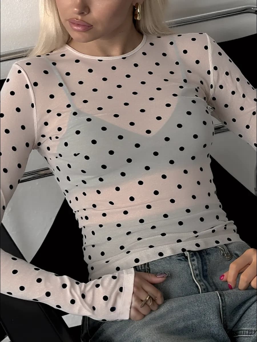 Лонгслив в горошек полупрозрачный