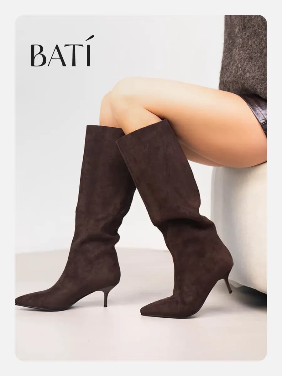 Сапоги демисезонные на каблуке трубы коричневые замшевые