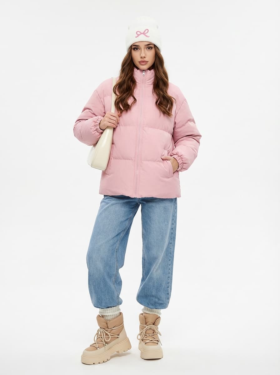 Зимний образ с розовой курткой и широкими джинсами — Streetwear | Во! стиле