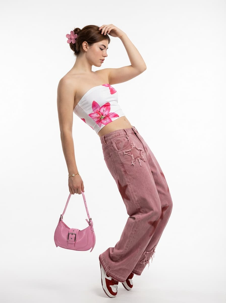 Романтичный розовый аутфит: цветочный топ и прямые джинсы — Романтик | Во! стиле