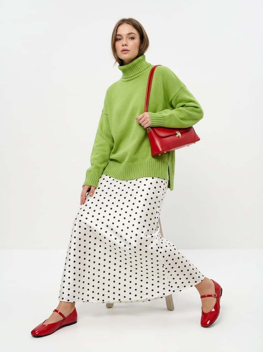 Элегантный образ с атласной юбкой и оверсайз свитером — Casual | Во! стиле