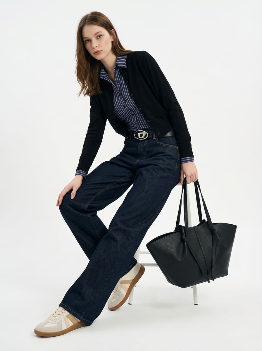 Стильный кэжуал образ с широкими джинсами и кардиганом — Casual | Во! стиле