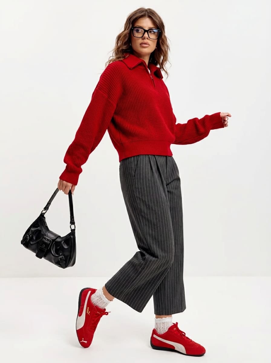 Y2K образ: брюки в полоску, PUMA Speedcat и ретро-сумка — Streetwear | Во! стиле