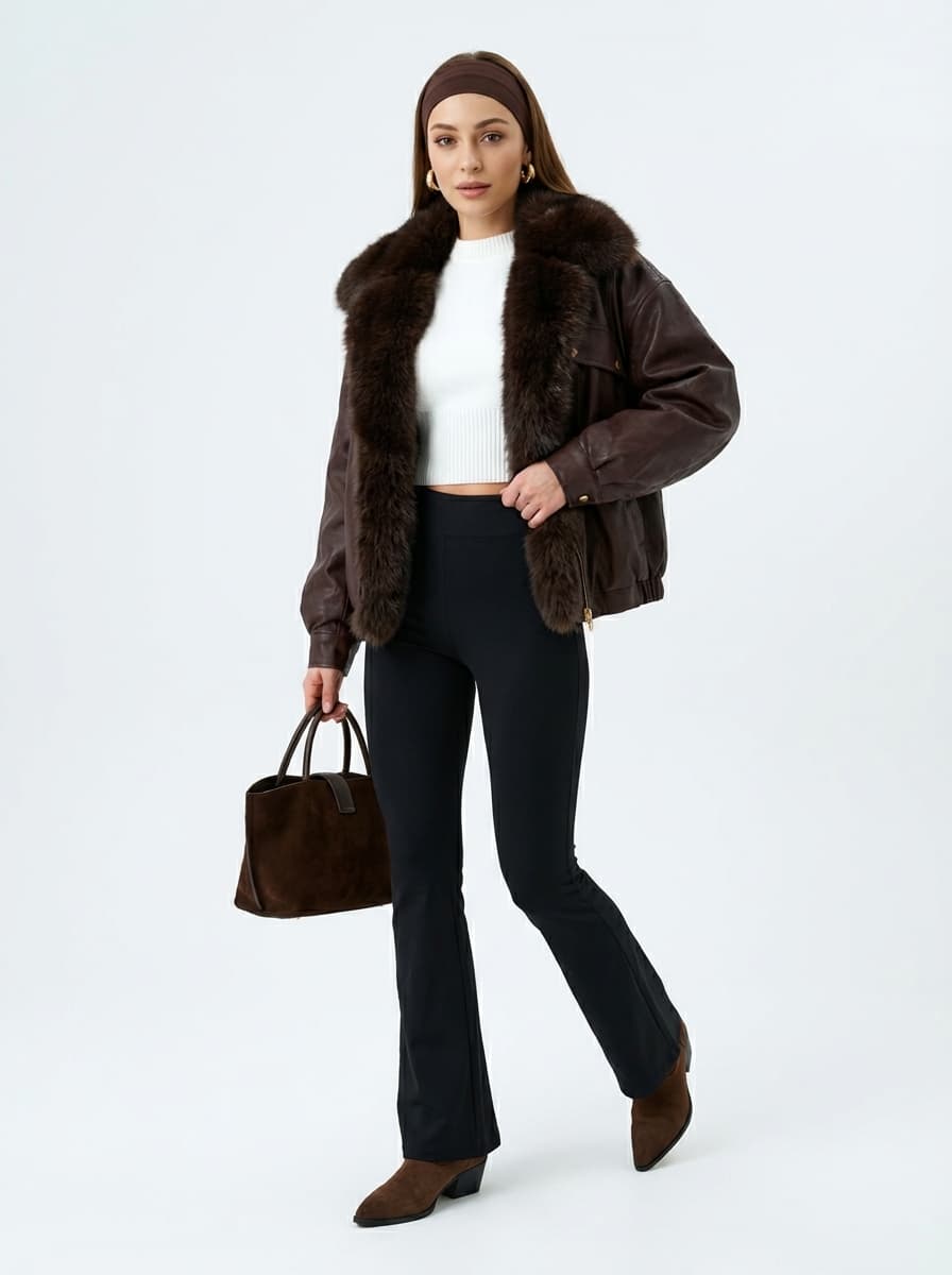 Зимний образ: куртка из экокожи, брюки клеш и казаки — Casual | Во! стиле