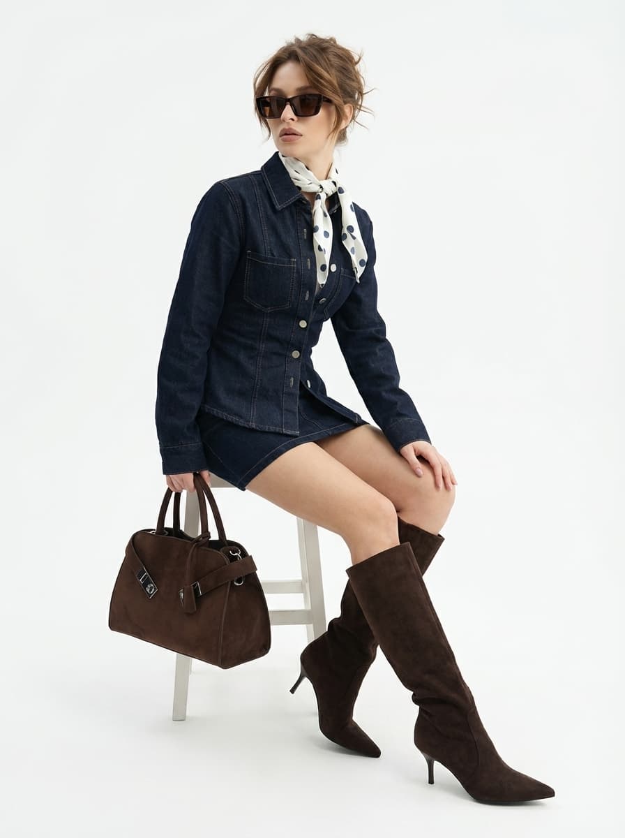 Джинсовый образ с коричневыми сапогами и сумкой тоут — Casual | Во! стиле