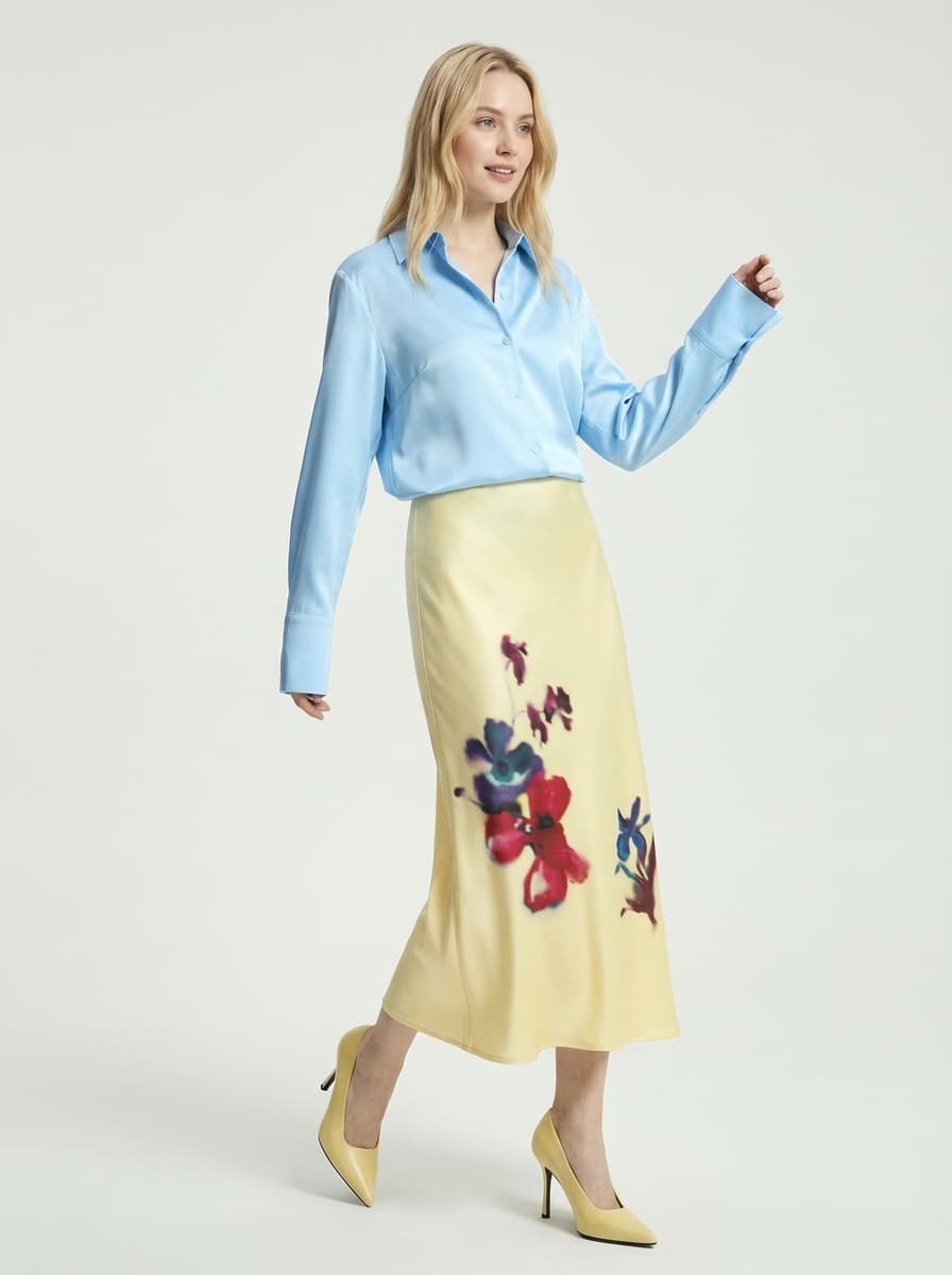 Желтая атласная юбка миди Nume с цветочным принтом — Романтик | Во! стиле