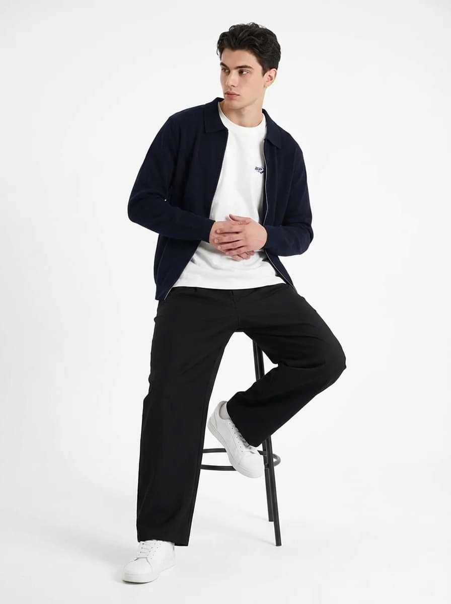 Стильный образ на осень: Джемпер вязаный на молнии, брюки оверсайз, футболка базовая оверсайз — Спортивный | Во! стиле