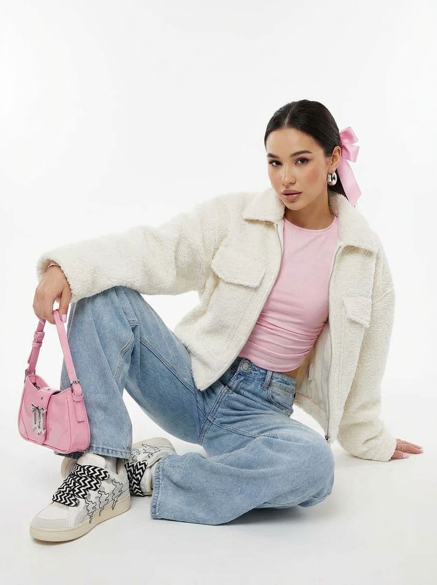 Образ в стиле Y2K: розовый лонгслив и широкие джинсы — Streetwear | Во! стиле